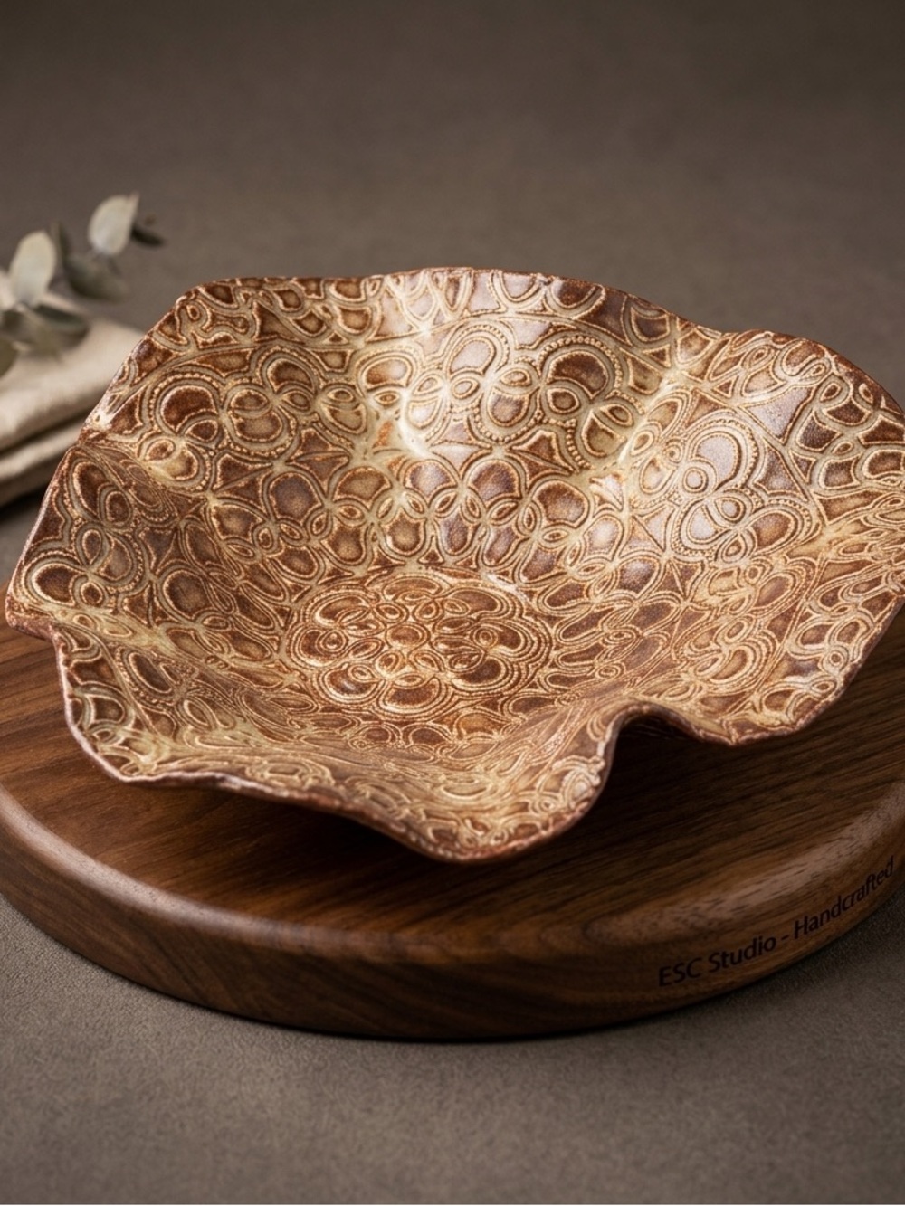 ESC Pottery Lace Art Dish Elaine Craddock Canada Handmade 8-10" Decor